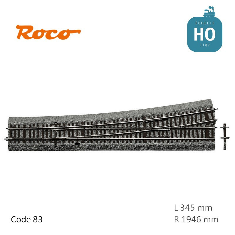Aiguillage à gauche Roco-Line ballastée R1946 L345mm 10° Code 83 HO Roco 42582 - Maketis