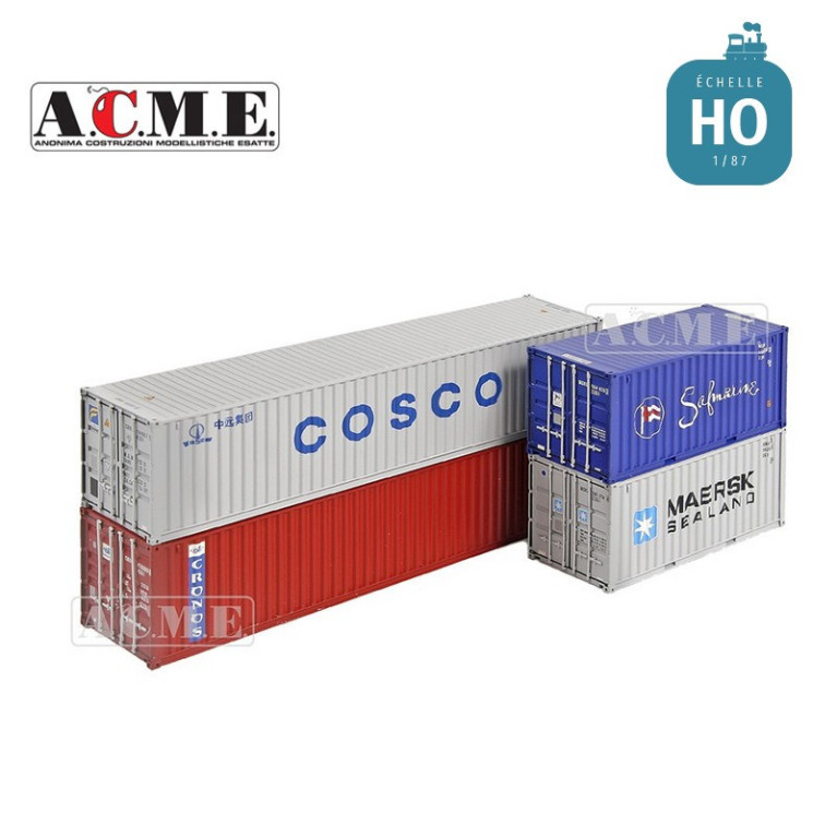 Assortiment de 4 containers 20' et 40' (Sofmarine, MAERSK, COSCO, Cronos) HO ACME 95035 - Maketis Assortiment de 4 containers 20' et 40' (Sofmarine, MAERSK, COSCO, Cronos) HO ACME 95035 - Maketis