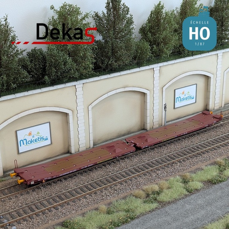 Wagon plat couplé type Laads 800B transport de véhicules tampons jaunes TWA EP VI HO Dekas DK-873107 - Maketis Wagon plat couplé type Laads 800B transport de véhicules tampons jaunes TWA EP VI HO Dekas DK-873107 - Maketis