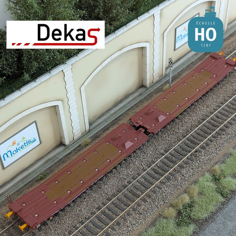 Wagon plat couplé type Laads 800B transport de véhicules tampons jaunes TWA EP VI HO Dekas DK-873107 - Maketis Wagon plat couplé type Laads 800B transport de véhicules tampons jaunes TWA EP VI HO Dekas DK-873107 - Maketis