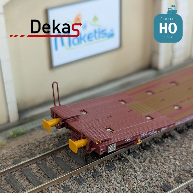 Wagon plat couplé type Laads 800B transport de véhicules tampons jaunes TWA EP VI HO Dekas DK-873107 - Maketis Wagon plat couplé type Laads 800B transport de véhicules tampons jaunes TWA EP VI HO Dekas DK-873107 - Maketis