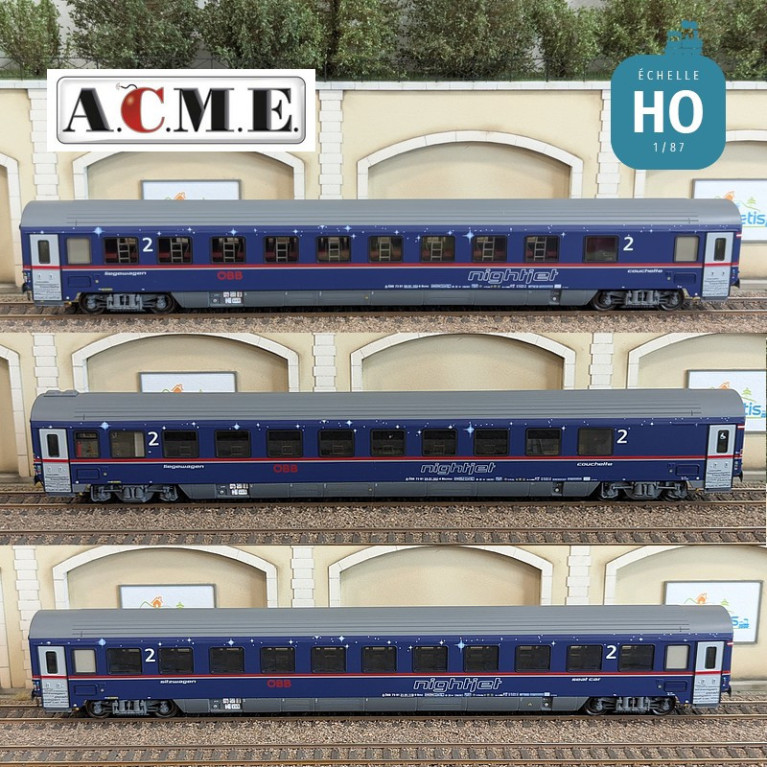 Coffret de 3 voitures couchettes type Bmz Bbcmvz & Bcmz Nightjet OBB EP VI HO ACME 55341 - Maketis Coffret de 3 voitures couchettes type Bmz Bbcmvz & Bcmz Nightjet OBB EP VI HO ACME 55341 - Maketis