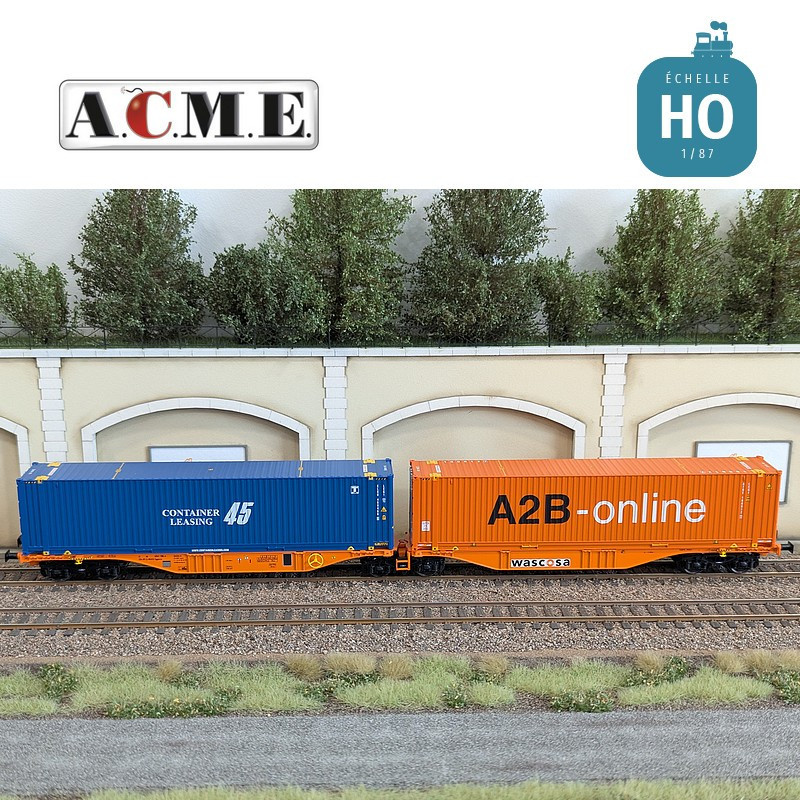 Wagon multimodal articulé type Sggmrss Wascosa 90' avec 2 caisses mobiles EP V-VI HO ACME 40385 - Maketis
