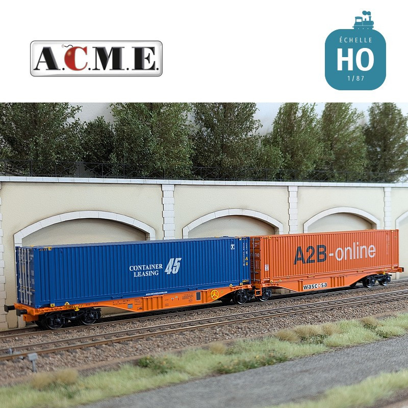 Wagon multimodal articulé type Sggmrss Wascosa 90' avec 2 caisses mobiles EP V-VI HO ACME 40385 - Maketis