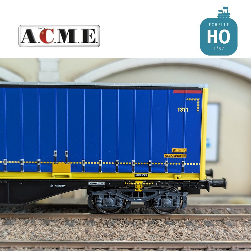 Wagon multimodal articulé type Sggmrss GTS 90' avec 2 caisses mobiles EP V-VI HO ACME 40384 - Maketis