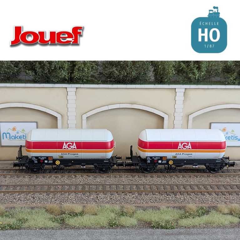 Coffret 2 wagons citernes à gaz avec toit pare soleil "AGA Progas" SNCF Ep IV HO HJ6289 - Maketis