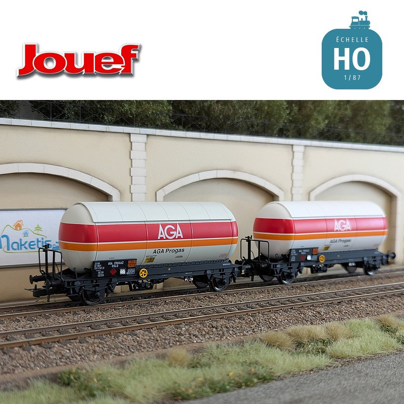 Coffret 2 wagons citernes à gaz avec toit pare soleil "AGA Progas" SNCF Ep IV HO HJ6289 - Maketis