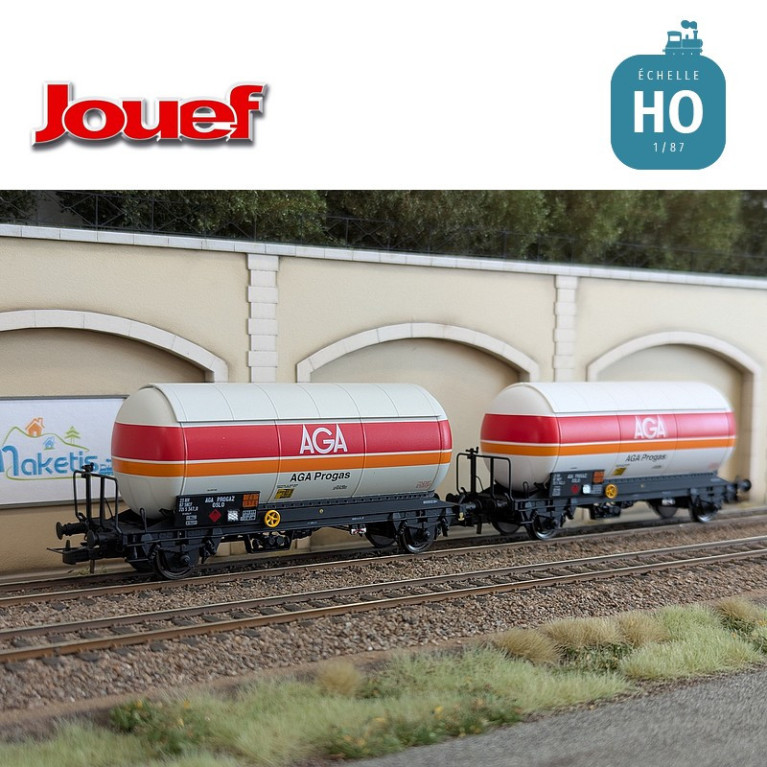 Coffret 2 wagons citernes à gaz avec toit pare soleil "AGA Progas" SNCF Ep IV HO HJ6289 - Maketis