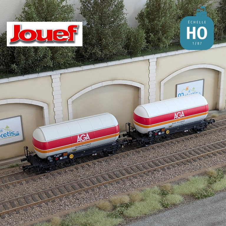 Coffret 2 wagons citernes à gaz avec toit pare soleil "AGA Progas" SNCF Ep IV HO HJ6289 - Maketis
