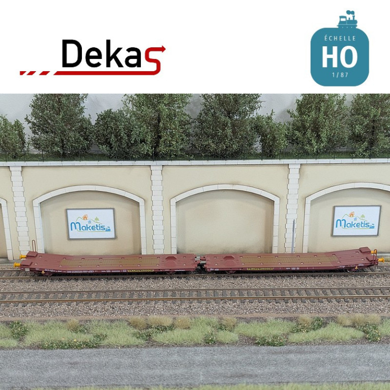 Wagon plat couplé type Laads 800B transport de véhicules tampons jaunes TWA EP VI HO Dekas DK-873104 - Maketis Wagon plat couplé type Laads 800B transport de véhicules tampons jaunes TWA EP VI HO Dekas DK-873104 - Maketis