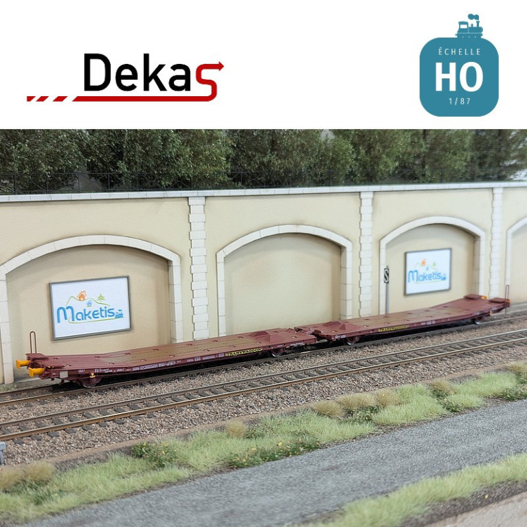 Wagon plat couplé type Laads 800B transport de véhicules tampons jaunes TWA EP VI HO Dekas DK-873104 - Maketis Wagon plat couplé type Laads 800B transport de véhicules tampons jaunes TWA EP VI HO Dekas DK-873104 - Maketis