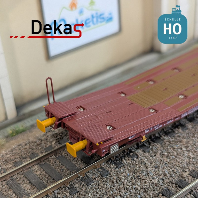 Wagon plat couplé type Laads 800B transport de véhicules tampons jaunes TWA EP VI HO Dekas DK-873104 - Maketis Wagon plat couplé type Laads 800B transport de véhicules tampons jaunes TWA EP VI HO Dekas DK-873104 - Maketis