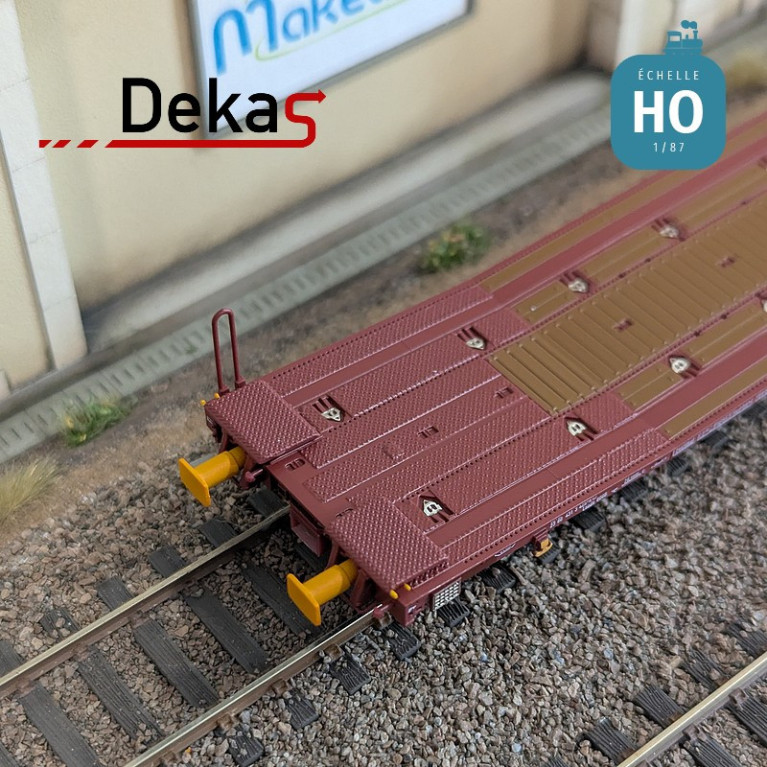 Wagon plat couplé type Laads 800B transport de véhicules tampons jaunes TWA EP VI HO Dekas DK-873104 - Maketis Wagon plat couplé type Laads 800B transport de véhicules tampons jaunes TWA EP VI HO Dekas DK-873104 - Maketis