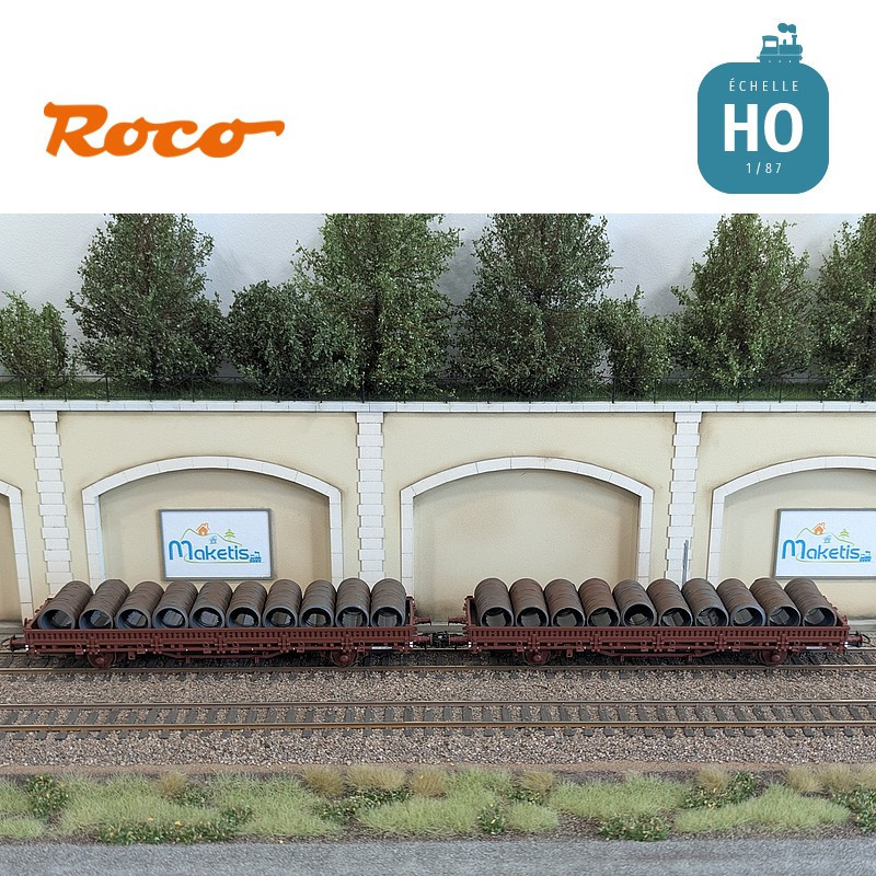 Set de 2 wagons plats à ranchers pivotants chargés de bobines SNCF EP IV HO Roco 6600119 - Maketis