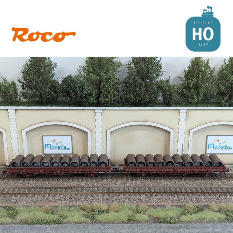 Set de 2 wagons plats à ranchers pivotants chargés de bobines SNCF EP IV HO Roco 6600119 - Maketis Set de 2 wagons plats à ranchers pivotants chargés de bobines SNCF EP IV HO Roco 6600119 - Maketis