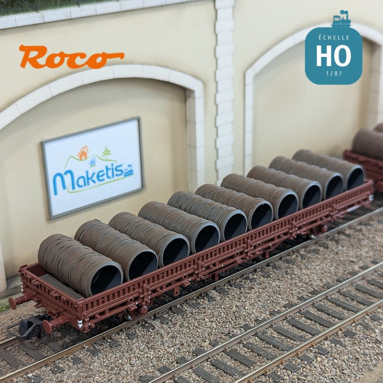 Set de 2 wagons plats à ranchers pivotants chargés de bobines SNCF EP IV HO Roco 6600119 - Maketis Set de 2 wagons plats à ranchers pivotants chargés de bobines SNCF EP IV HO Roco 6600119 - Maketis
