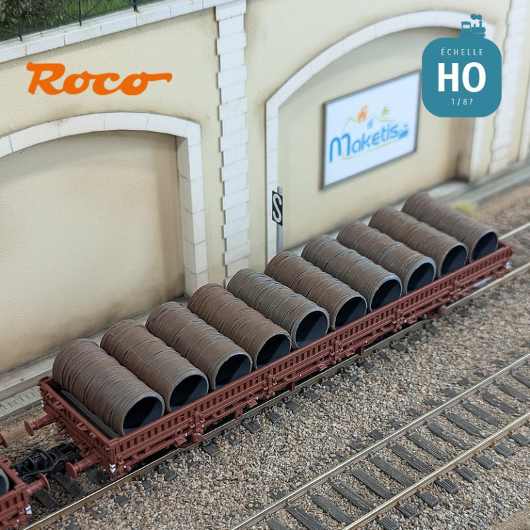 Set de 2 wagons plats à ranchers pivotants chargés de bobines SNCF EP IV HO Roco 6600119 - Maketis Set de 2 wagons plats à ranchers pivotants chargés de bobines SNCF EP IV HO Roco 6600119 - Maketis