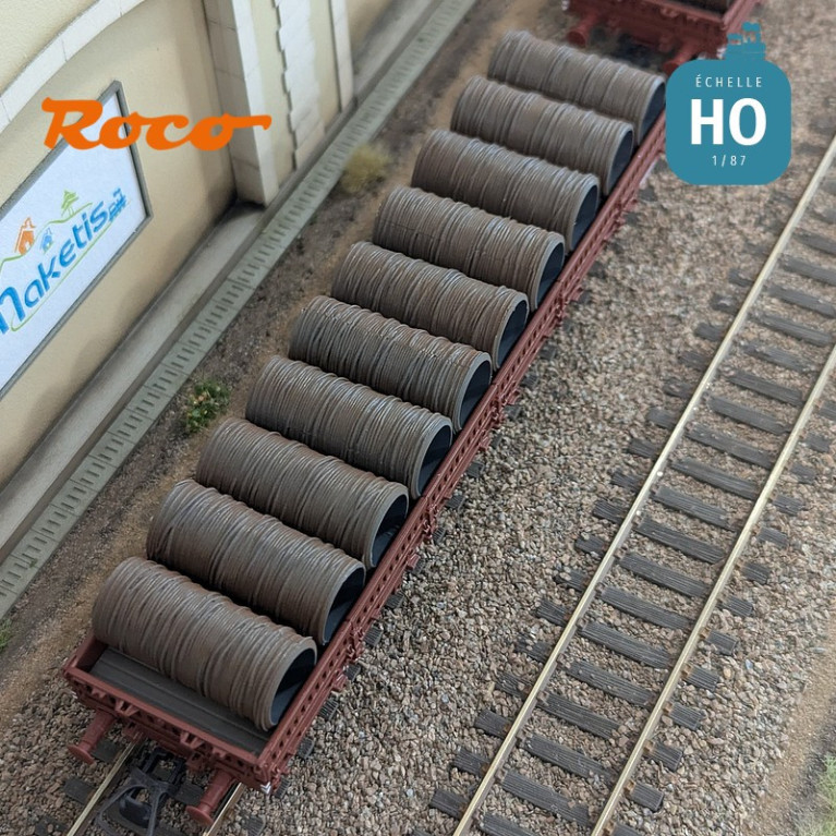 Set de 2 wagons plats à ranchers pivotants chargés de bobines SNCF EP IV HO Roco 6600119 - Maketis Set de 2 wagons plats à ranchers pivotants chargés de bobines SNCF EP IV HO Roco 6600119 - Maketis