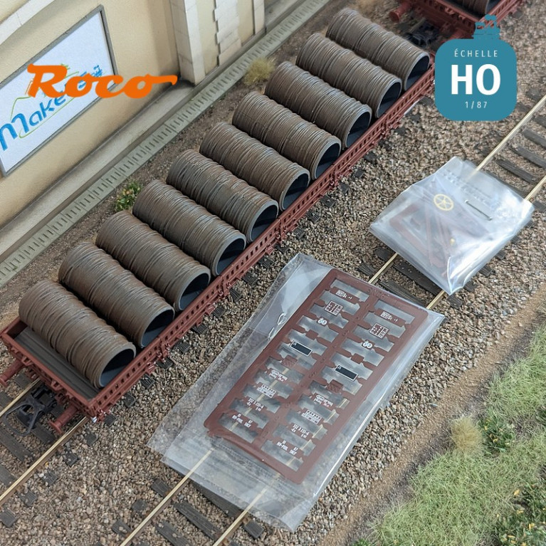 Set de 2 wagons plats à ranchers pivotants chargés de bobines SNCF EP IV HO Roco 6600119 - Maketis Set de 2 wagons plats à ranchers pivotants chargés de bobines SNCF EP IV HO Roco 6600119 - Maketis