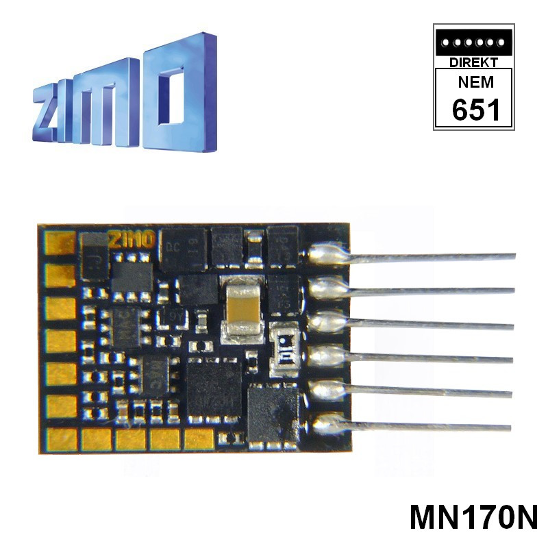 Décodeur miniature Zimo MN170 DCC 6 fonctions 6 broches NEM651 sans câbles MN170N - Maketis