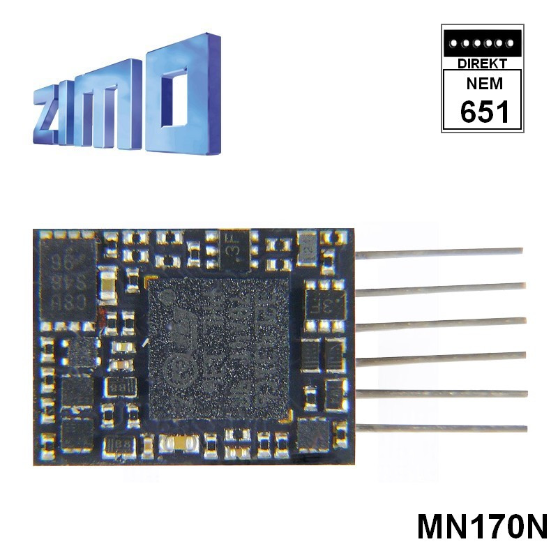 Décodeur miniature Zimo MN170 DCC 6 fonctions 6 broches NEM651 sans câbles MN170N - Maketis