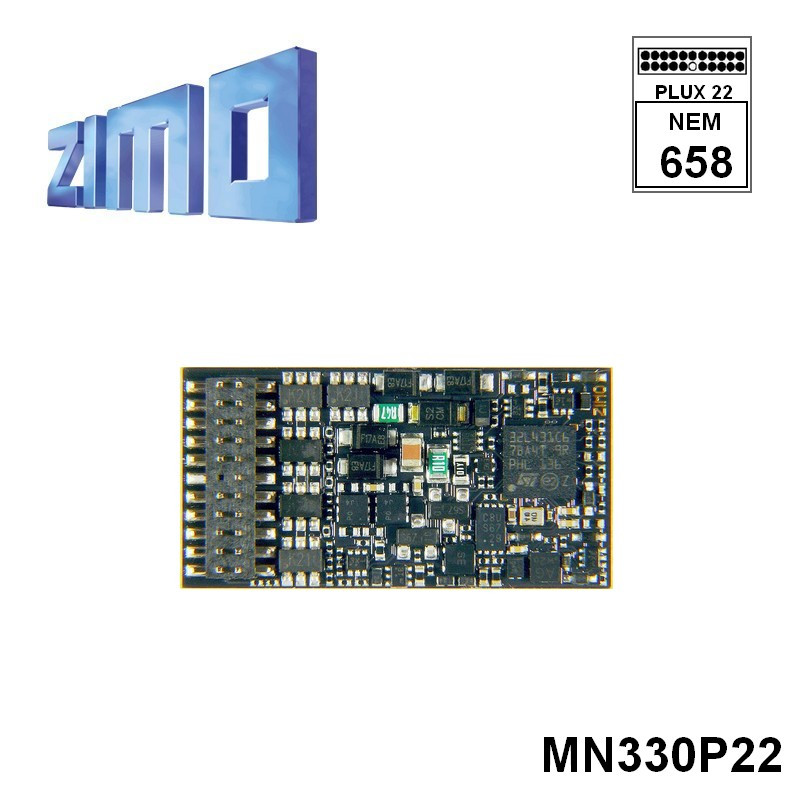 Décodeur standard HO Zimo MN330 DCC 10 fonctions avec interface Plux 22 broches MN330P22 - Maketis