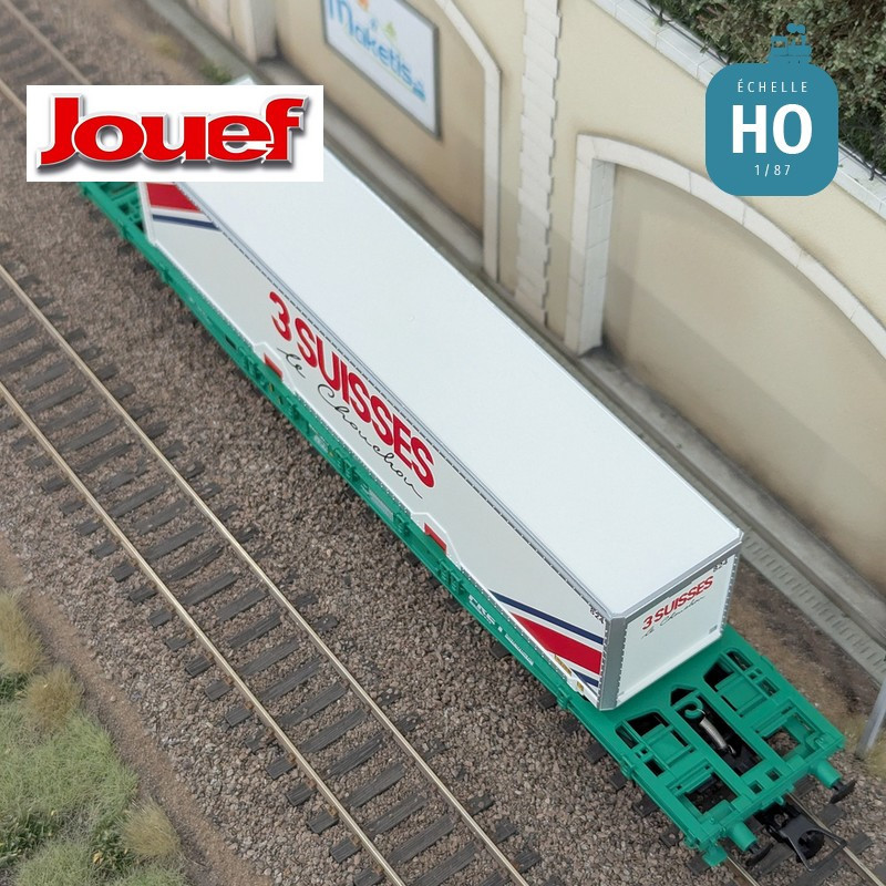 Wagon plat à bogies S70 avec caisse mobile "3 SUISSES" SNCF Ep IV HO Jouef HJ6277 - Maketis