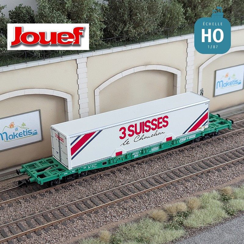 Wagon plat à bogies S70 avec caisse mobile "3 SUISSES" SNCF Ep IV HO Jouef HJ6277 - Maketis