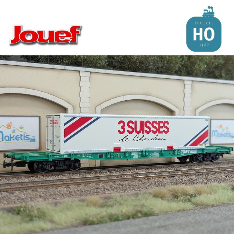 Wagon plat à bogies S70 avec caisse mobile "3 SUISSES" SNCF Ep IV HO Jouef HJ6277 - Maketis