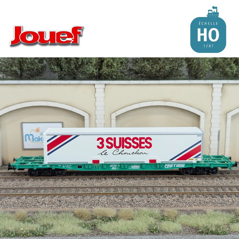 Wagon plat à bogies S70 avec caisse mobile "3 SUISSES" SNCF Ep IV HO Jouef HJ6277 - Maketis