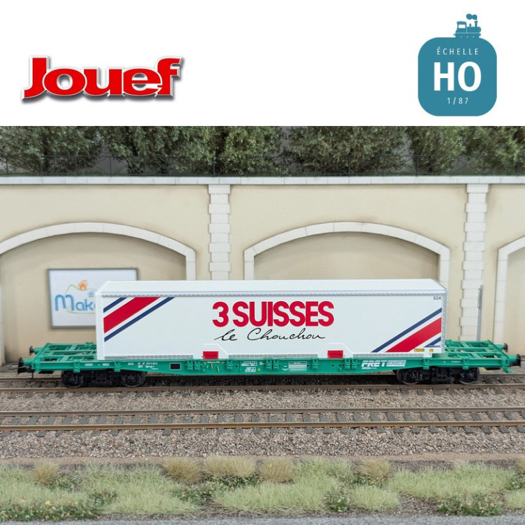 Wagon plat à bogies S70 avec caisse mobile "3 SUISSES" SNCF Ep IV HO Jouef HJ6277 - Maketis