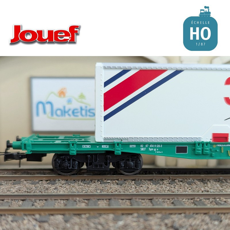 Wagon plat à bogies S70 avec caisse mobile "3 SUISSES" SNCF Ep IV HO Jouef HJ6277 - Maketis