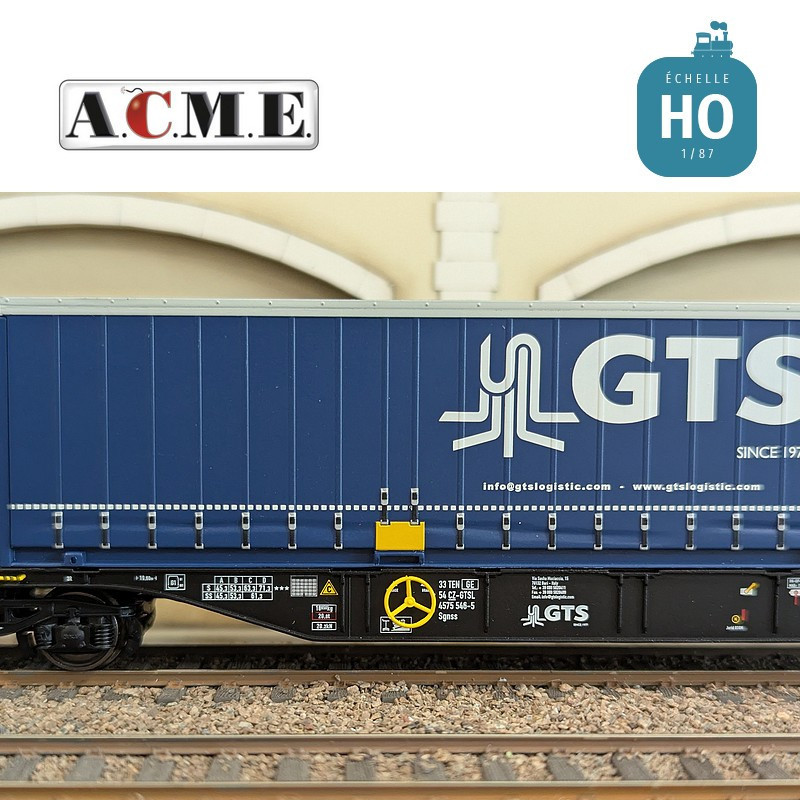 Wagon multimodal 60' Type Sgnss GTS avec caisse mobile "GTS" bleu EP V-VI HO ACME 40421 - Maketis