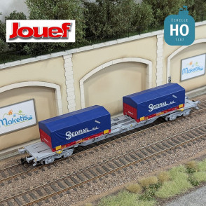 Wagon plat à bogies Sgss Novatrans gris et 2 conteneurs bleus 20' pour bobines "Spedirail" Ep V HO Jouef HJ6303 - Maketis