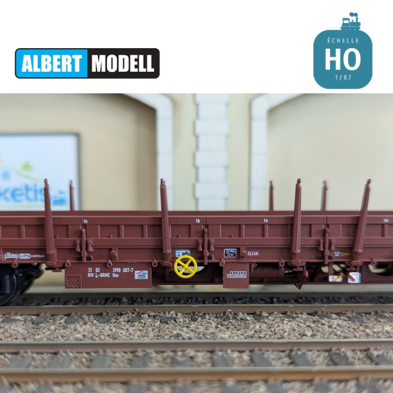 Res brown flat wagon with welded Y25 bogies, CFL Cargo Ep VI HO Albert Modell 399009 - Maketis Res brown flat wagon with welded Y25 bogies, CFL Cargo Ep VI HO Albert Modell 399009 - Maketis
