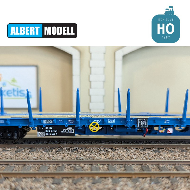 Flachwagen Rs blau Drehgestelle Y25 geschweißt VTG CH Ep VI HO Albert Modell 391019 - Maketis Flachwagen Rs blau Drehgestelle Y25 geschweißt VTG CH Ep VI HO Albert Modell 391019 - Maketis