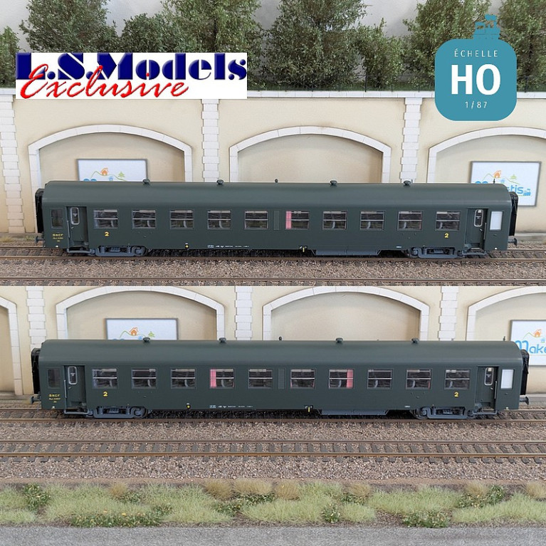 Coffret 2 voitures voyageur USI Bmyfi U60courtes vertes Marquage 1956 SNCF Ep IIId HO LS Models MW40021 - Maketis Coffret 2 voitures voyageur USI Bmyfi U60courtes vertes Marquage 1956 SNCF Ep IIId HO LS Models MW40021 - Maketis
