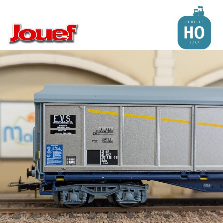 Wagon à parois coulissantes à bogies Habis livrée argentée "EVS" SNCF Ep IV HO Jouef HJ6300 - Maketis
