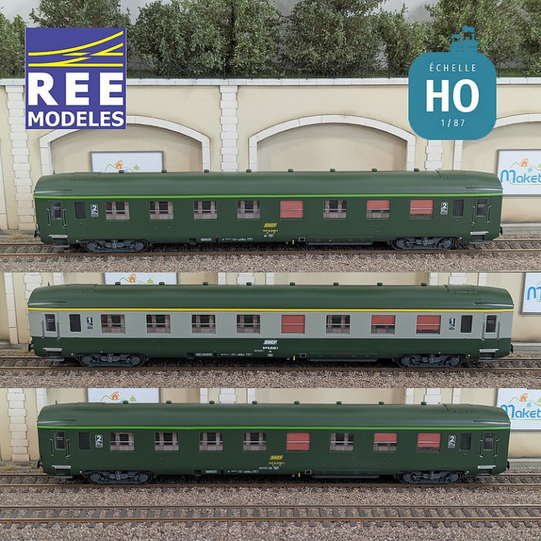 Set de 3 voitures DEV AO courtes (1x A7x ex-B8 U53 vert/gris et 2x B8 ex-A8 vert) SNCF EP IV-V HO REE VB-396 - Maketis
